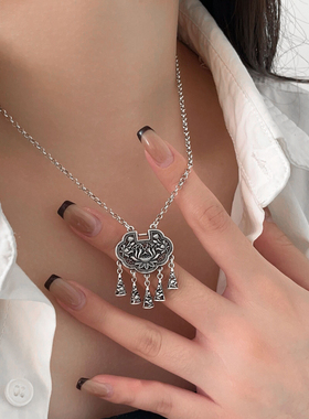 银瑞泰s925纯银新中式荷花平安锁项链女长命锁黑酷潮绳古法编织链