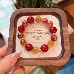 马年新品天然水晶手链串珠diy手串女黄胶花红玛瑙玉髓手链手饰