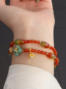 设计款天然玛瑙手链双圈孔雀绿红玛瑙蝴蝶手串珠子复古显白手饰