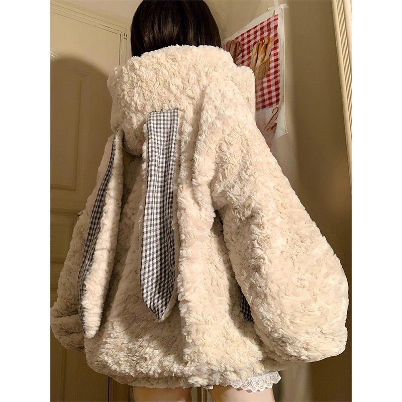 可爱兔耳朵羊羔毛厚外套棉服绒衫