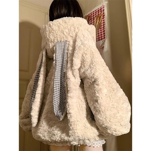 可爱兔耳朵羊羔毛厚外套女冬季毛茸茸宽松慵懒风连帽棉服刺绣绒衫