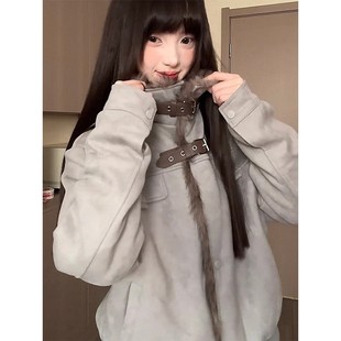 美式复古羊羔毛翻领外套女冬季加绒加厚保暖宽松麂皮绒机车风夹克