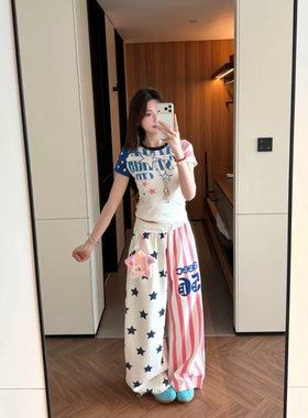 美式修身网红ins多巴胺复古夏季满印星星宽松百搭阔腿裤