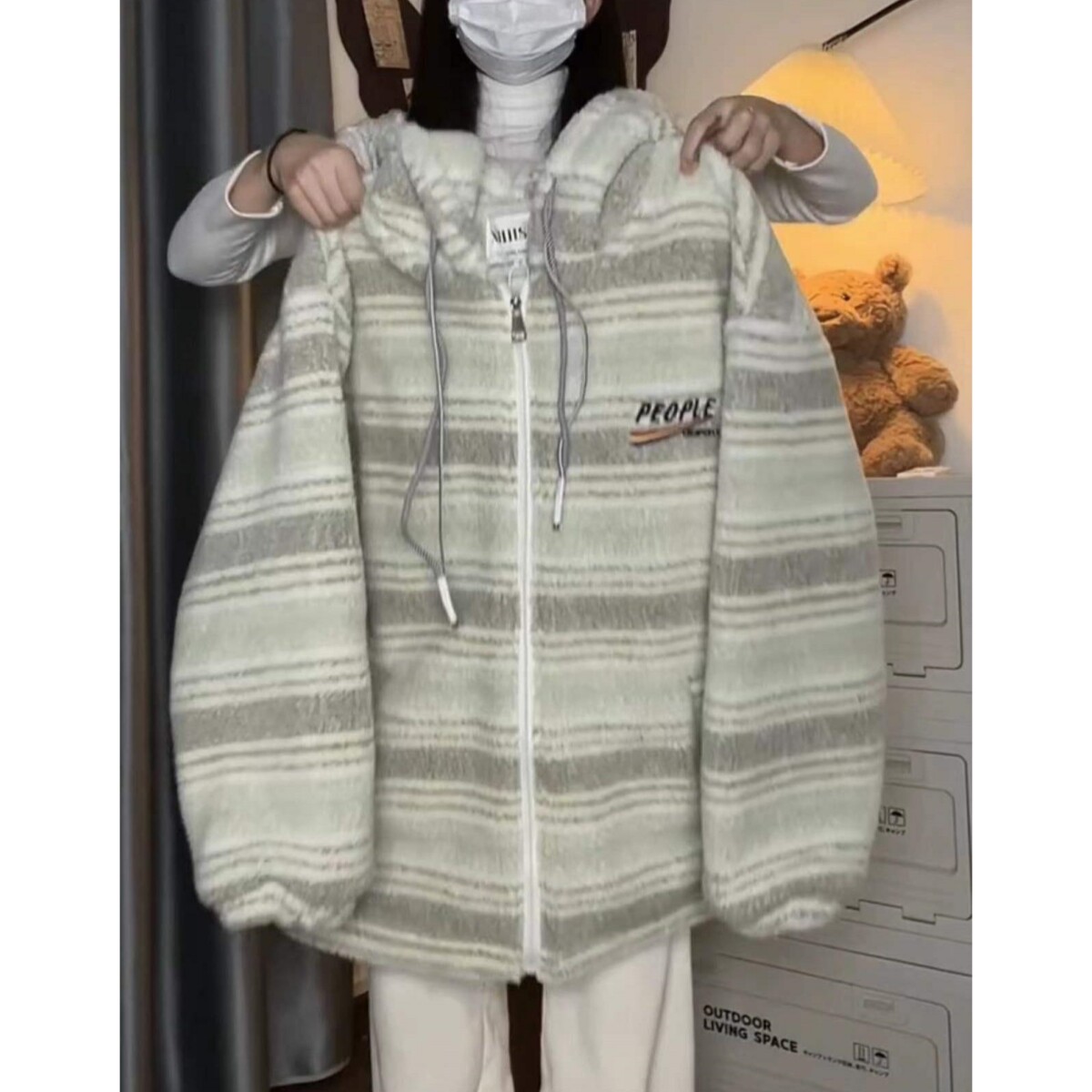 美式慵懒风条纹羊羔毛棉服外套女冬季宽松oversize加绒加厚棉衣女