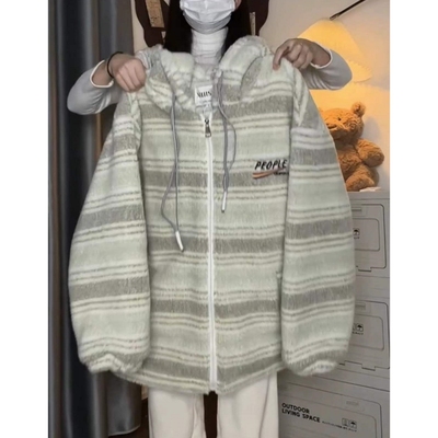 美式慵懒风条纹羊羔毛棉服外套女