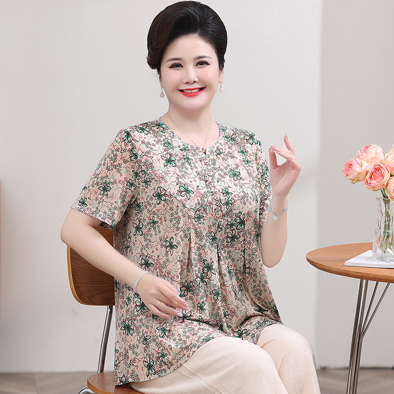 200斤胖妈妈夏装冰丝弹力短袖t恤加肥加大码中老年胖奶奶遮肚上衣