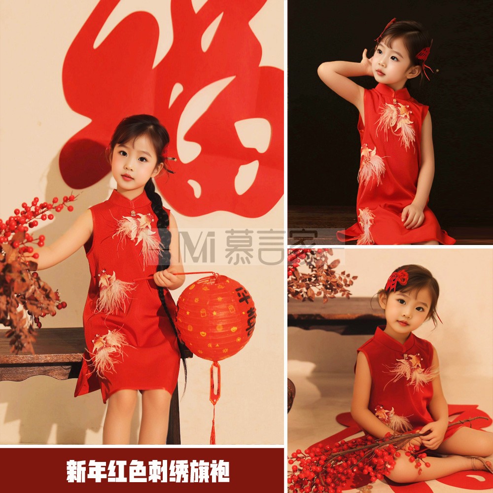 新年喜庆新中式立领无袖刺绣旗袍