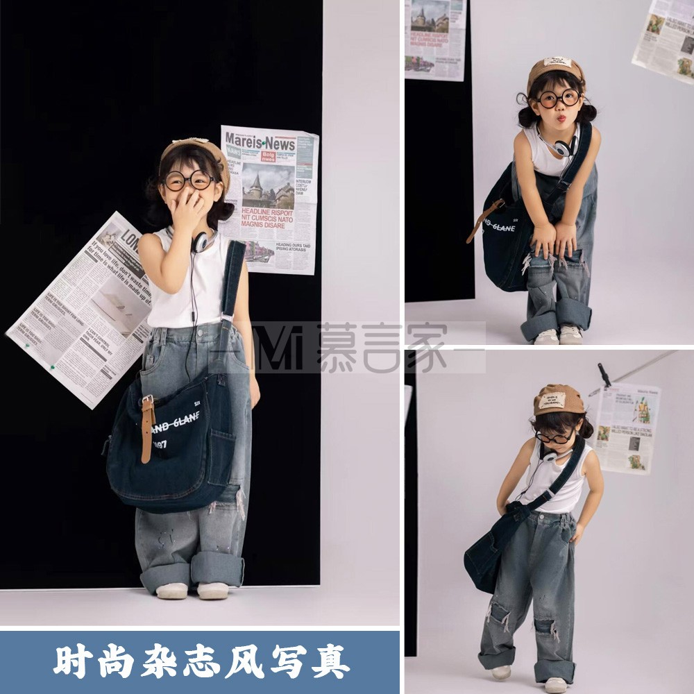 韩版时尚杂志风主题儿童摄影服装影楼女童复古破洞牛仔个性拍照