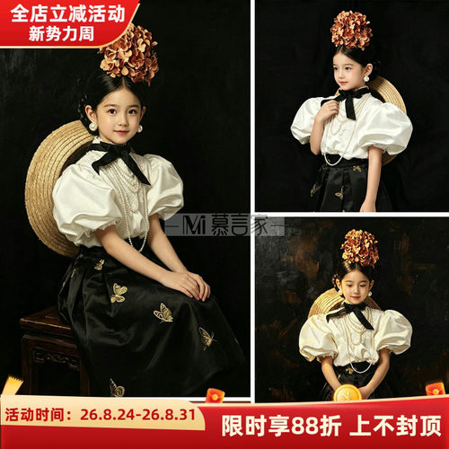 欧式轻奢复古宫廷女童泡泡袖礼服