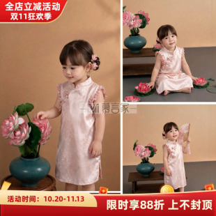 儿童新中式旗袍连衣裙荷花国风无袖花边汉服女童古风粉色礼服