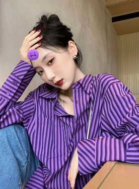 鹭青一复古港味bf风竖条纹衬衫女2025新款宽松百搭设计感小众上衣
