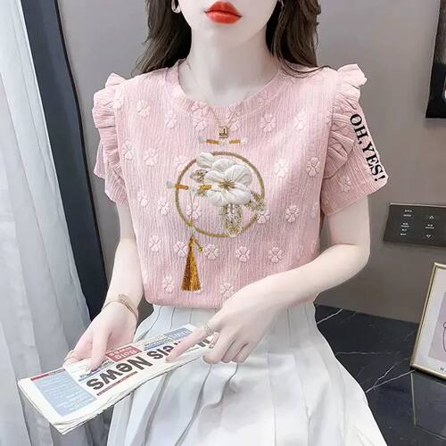 新中式女装夏装正肩新款上衣体恤潮圆领荷叶小个子印花短袖小衫