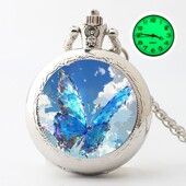 唯美蓝蝴蝶仙子电子怀表学生翻盖项链表女生手表夜光个性 高能量