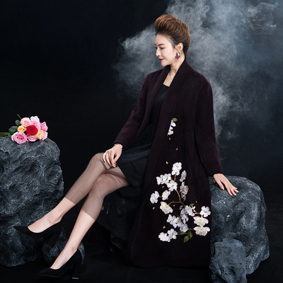 恒源祥貂羊毛绒外套女中长款针织开衫外套绣花毛衣外套刺绣大衣厚