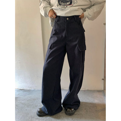 韩系美式复古工装裤女休闲裤子深蓝宽松直筒阔腿裤530786