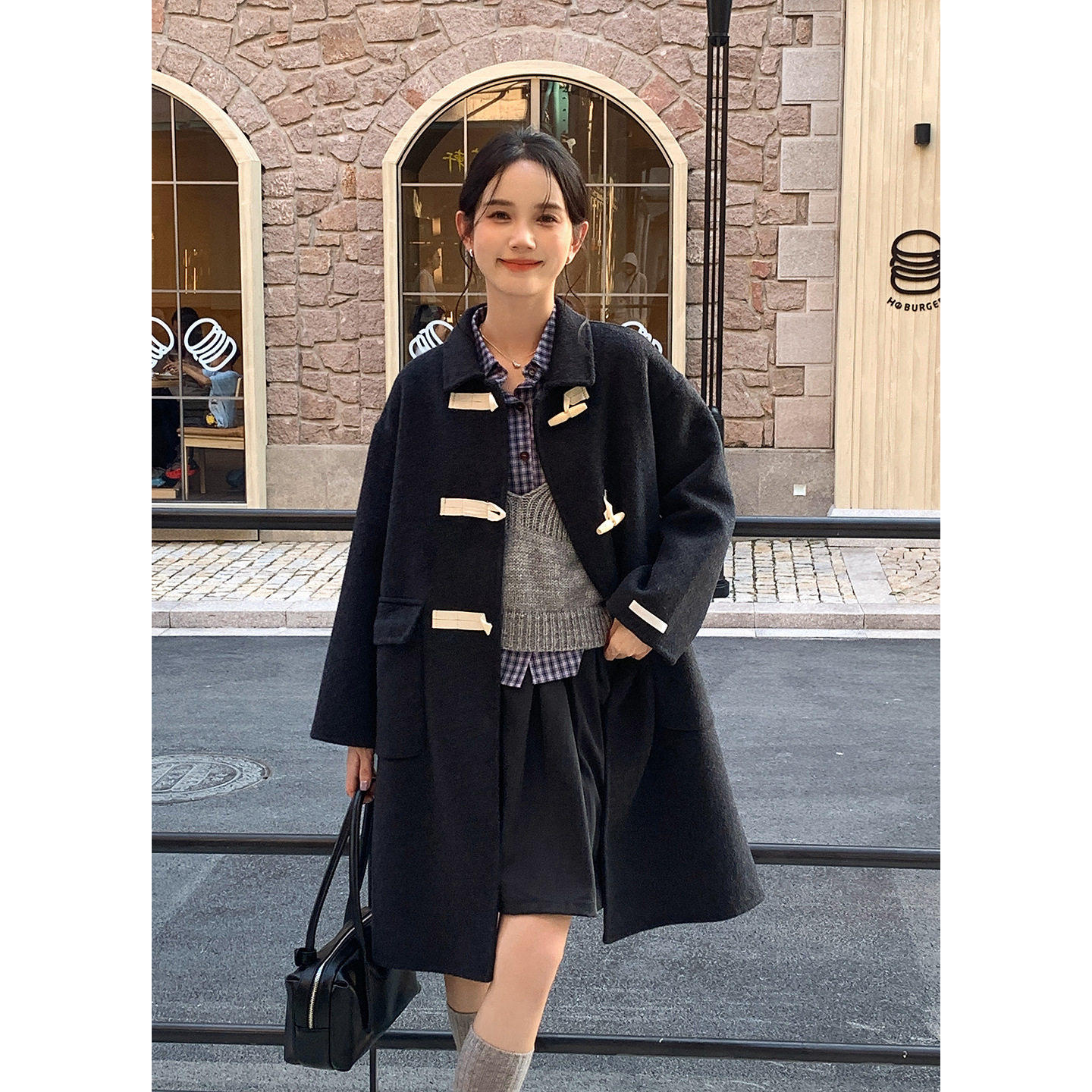 衣尔衫 韩系少女 羊毛大口袋牛角扣双面呢外套女中长款大衣0591,女装/女士精品,毛呢外套,淘宝优惠券,粉丝福利购,淘宝优惠卷