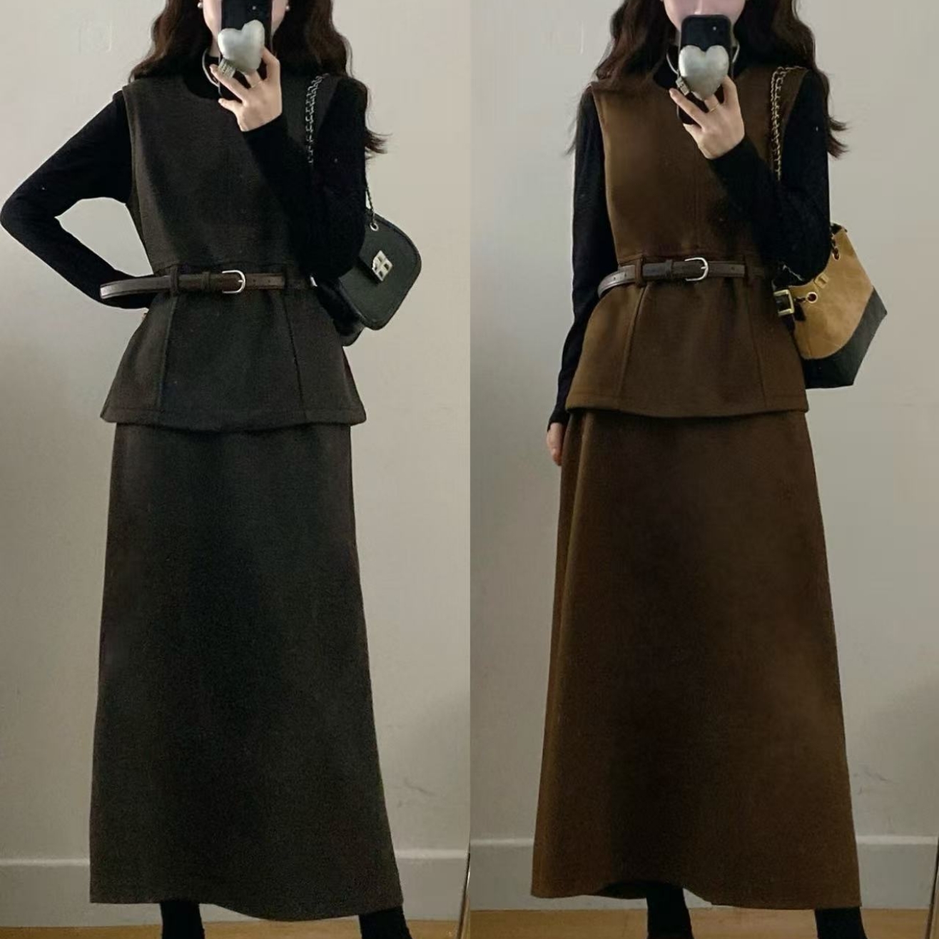 实拍 大码女装胖mm新款时尚秋冬毛呢马甲半身裙收腰三件套