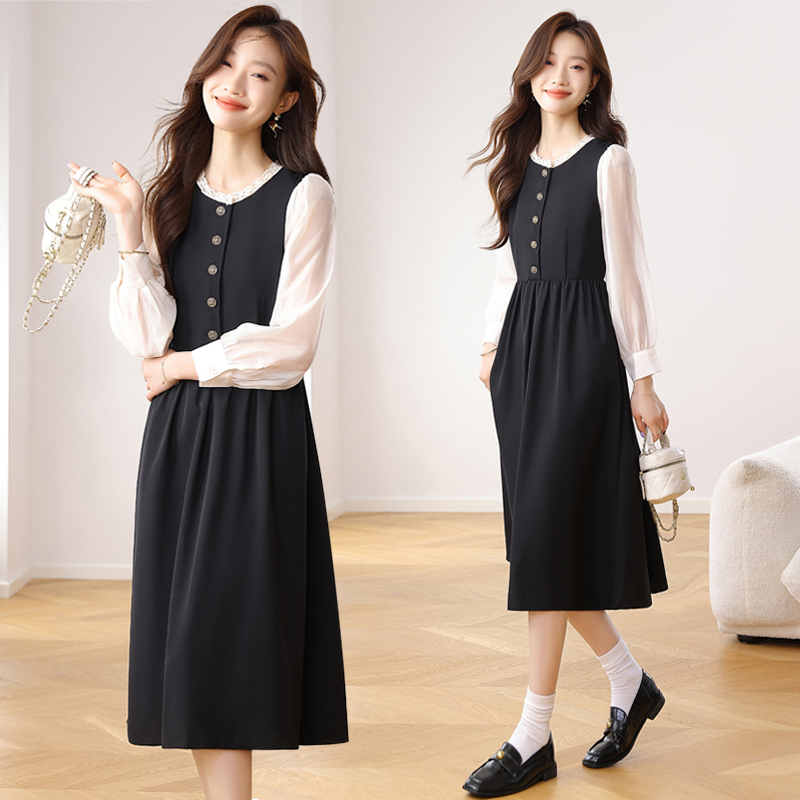 实拍小香风法式内搭假两件丝绒连衣裙小个子秋装女款新款长裙绝美