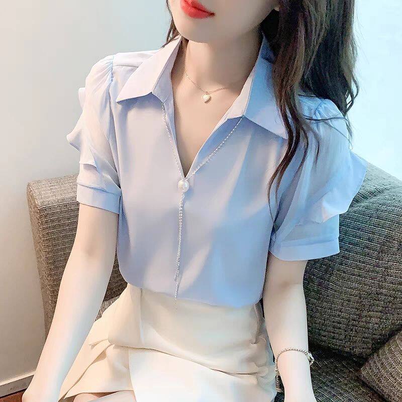 芭比嘉合春夏新款短袖衬衫女气质v领高端设计感小众串珠项链休