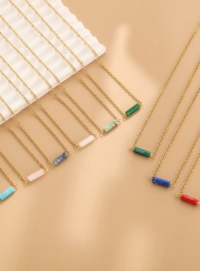 芭比圆沁夏季简约小圆柱天然石吊坠项链小众百搭不锈钢颈链锁骨链