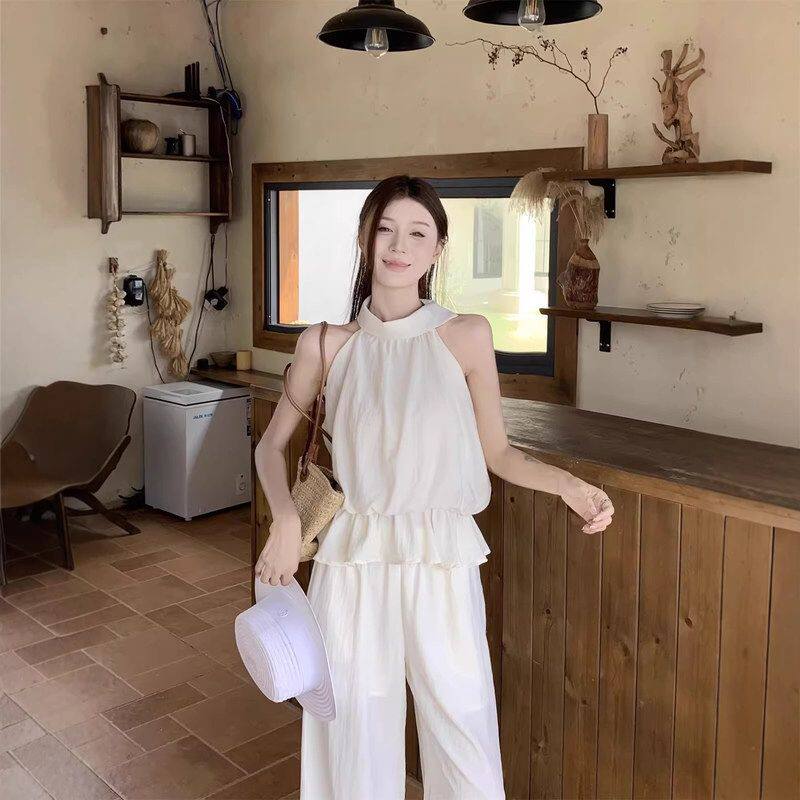 芭比怀雅白色挂脖无袖上衣女装夏日懒人气质ootd穿搭