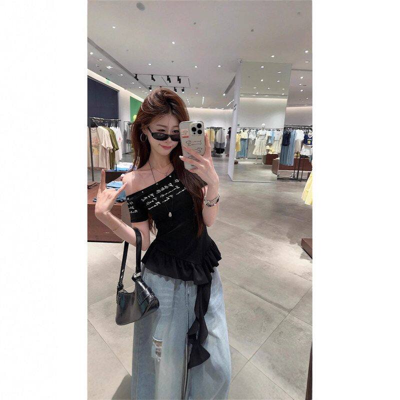 芭比妮雅韩版设计感斜肩字母短袖T恤女夏季修身显瘦辣妹风荷叶边