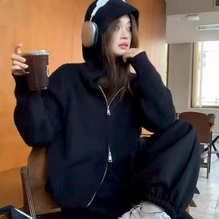 清河芳婷羊绒新款韩系英伦风毛衣外套高级感双拉链连帽针