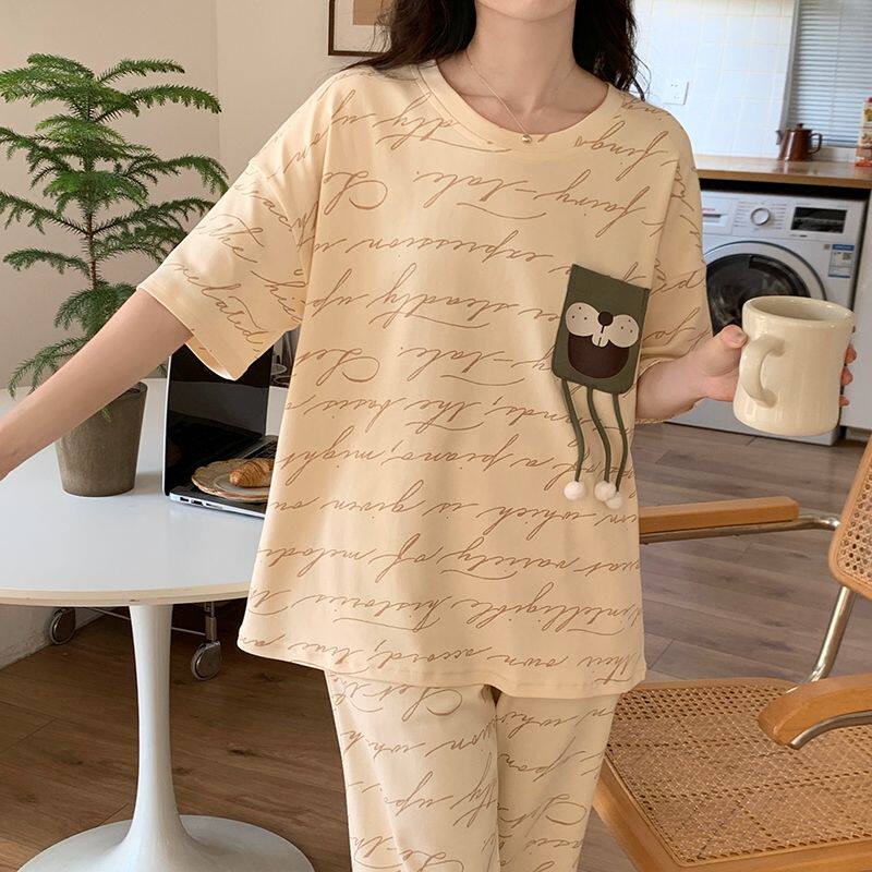 搜搜睡衣女夏季短袖长裤圆领套头韩版学生甜美可爱卡通套装家居服
