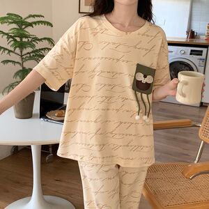搜搜睡衣女夏季短袖长裤圆领套头韩版学生甜美可爱卡通套装家居服