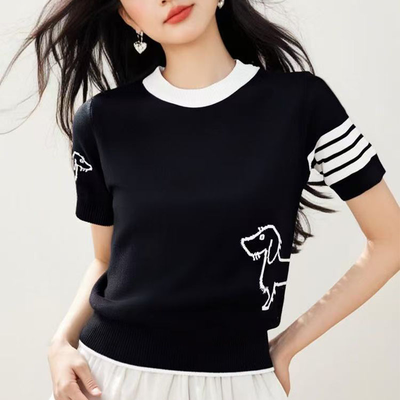 现货:萱芳夏新款冰丝条纹短袖t恤女小狗圆领针织衫T恤轻薄透气半