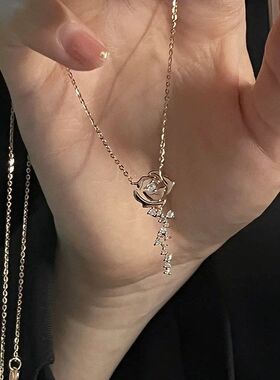 芭比梅龙钛钢甜美玫瑰花钛钢项链女生镶嵌闪钻花朵吊坠锁骨链网红