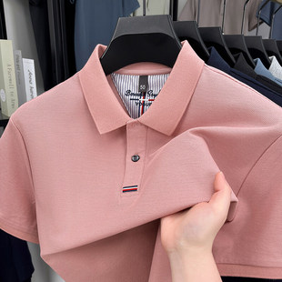 纯棉男士夏季POLO衫粉色短袖t恤中年爸爸装显年轻翻带领上衣设计