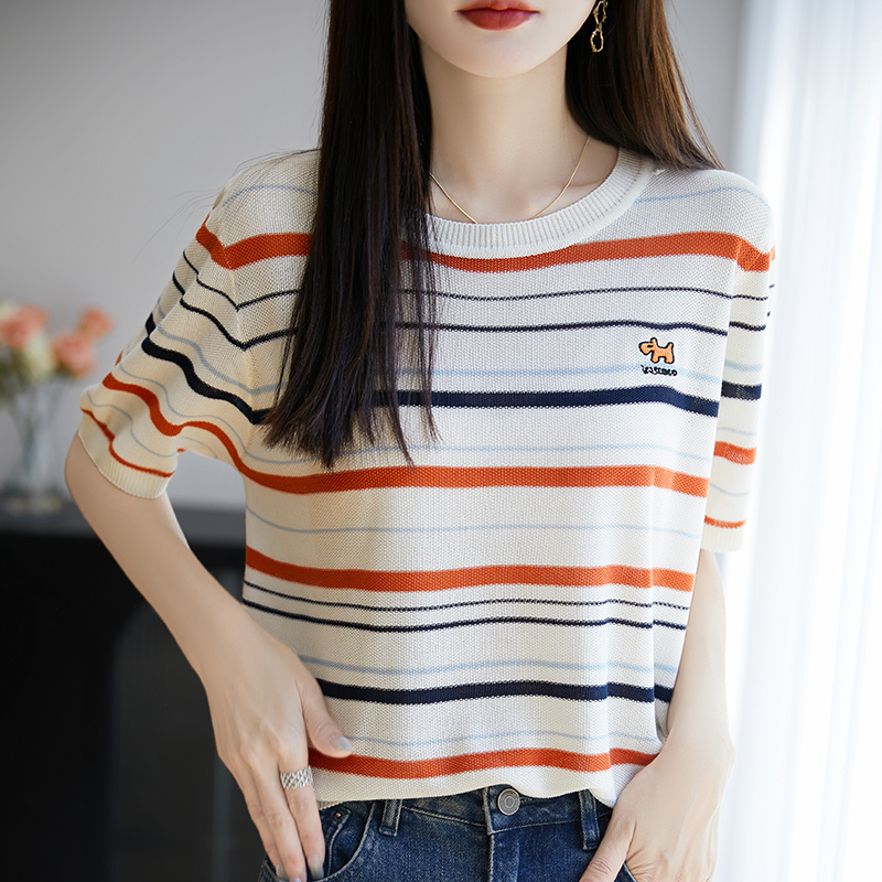 清河夏新款天丝针织衫短袖女圆领薄款t恤拼色条纹刺绣上衣设计感