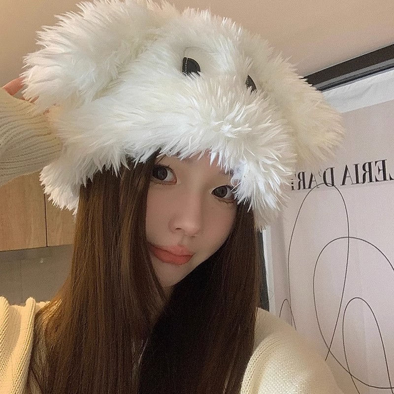 芭比智捷日系卡通大眼小狗套头帽女秋冬保暖护耳甜美可爱加厚毛绒
