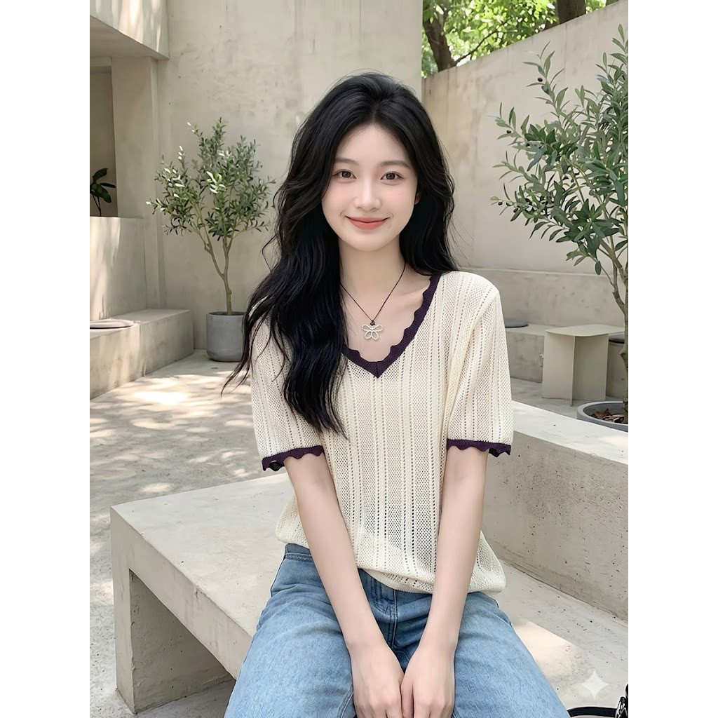 搜搜慵懒风v领针织短袖t恤女新款夏季宽松显瘦小个子短袖上衣女