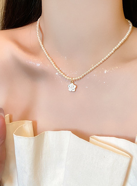 搜搜正圆S家小米珠锁骨链温柔气质山茶花项链女轻奢小众高级感