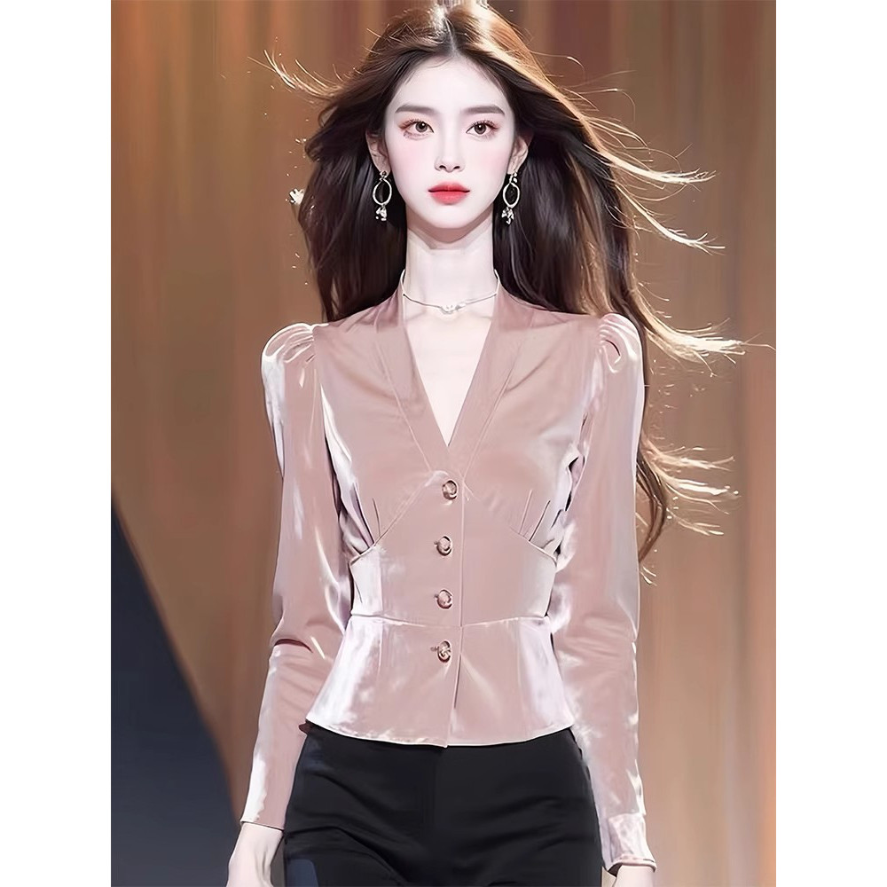 搜搜粉色丝绒长袖衬衫秋装女款2024年新款收腰小衫爆款高级感早秋