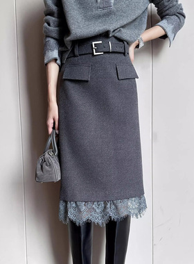 灰色高腰直筒半身裙女蕾丝拼接中长款显瘦通勤裙