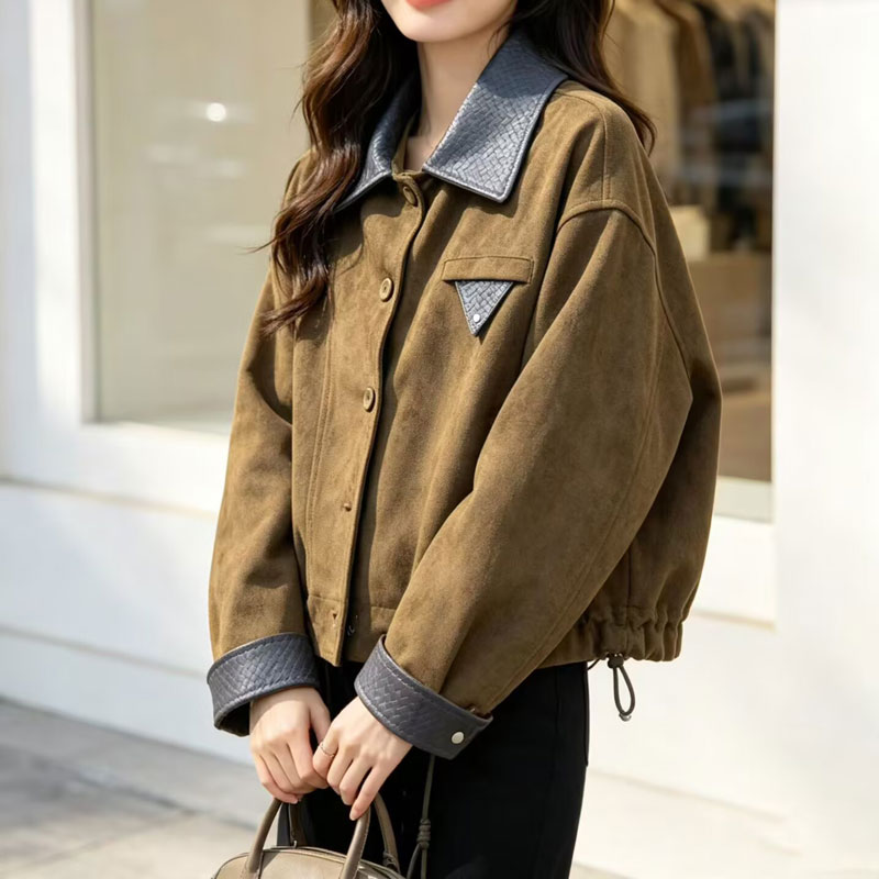 美拉德风麂皮绒短外套2026女时尚拼色领夹克小个子百搭复古上衣潮