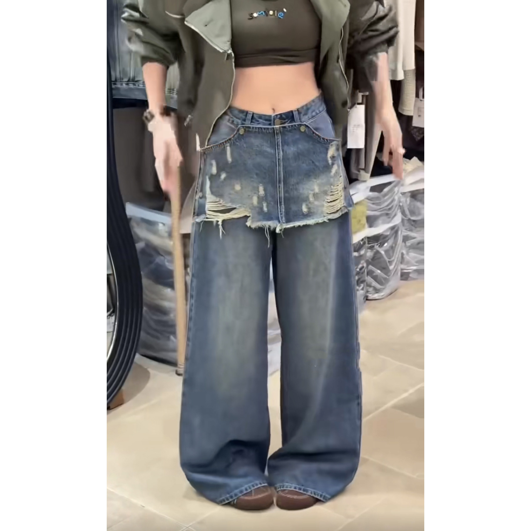 设计感假两件做旧破洞牛仔裤女2025新款美式辣妹高腰显瘦阔腿长裤