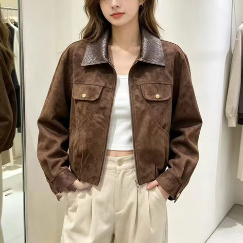 2026秋季新款韩版宽松PU领拼接短款鹿皮绒外套上衣女时尚街拍显瘦