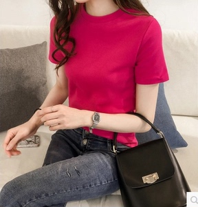 RM18127#新款韩版纯色圆领套头t恤女短袖修身显瘦休闲上衣打底衫