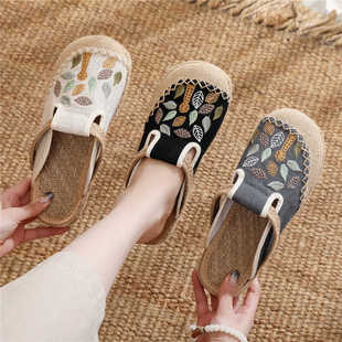 新款老北京布鞋女款夏季包头布拖鞋外穿平底圆头透气防滑亚麻凉拖