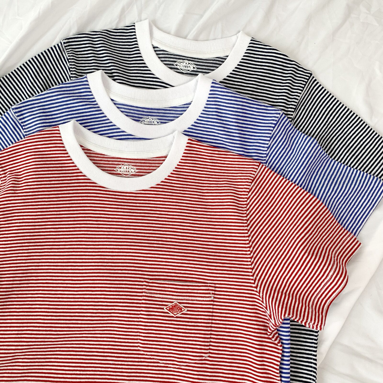 春品日本订单口袋圆领条纹短袖女士针织海魂棉t恤无袖danton