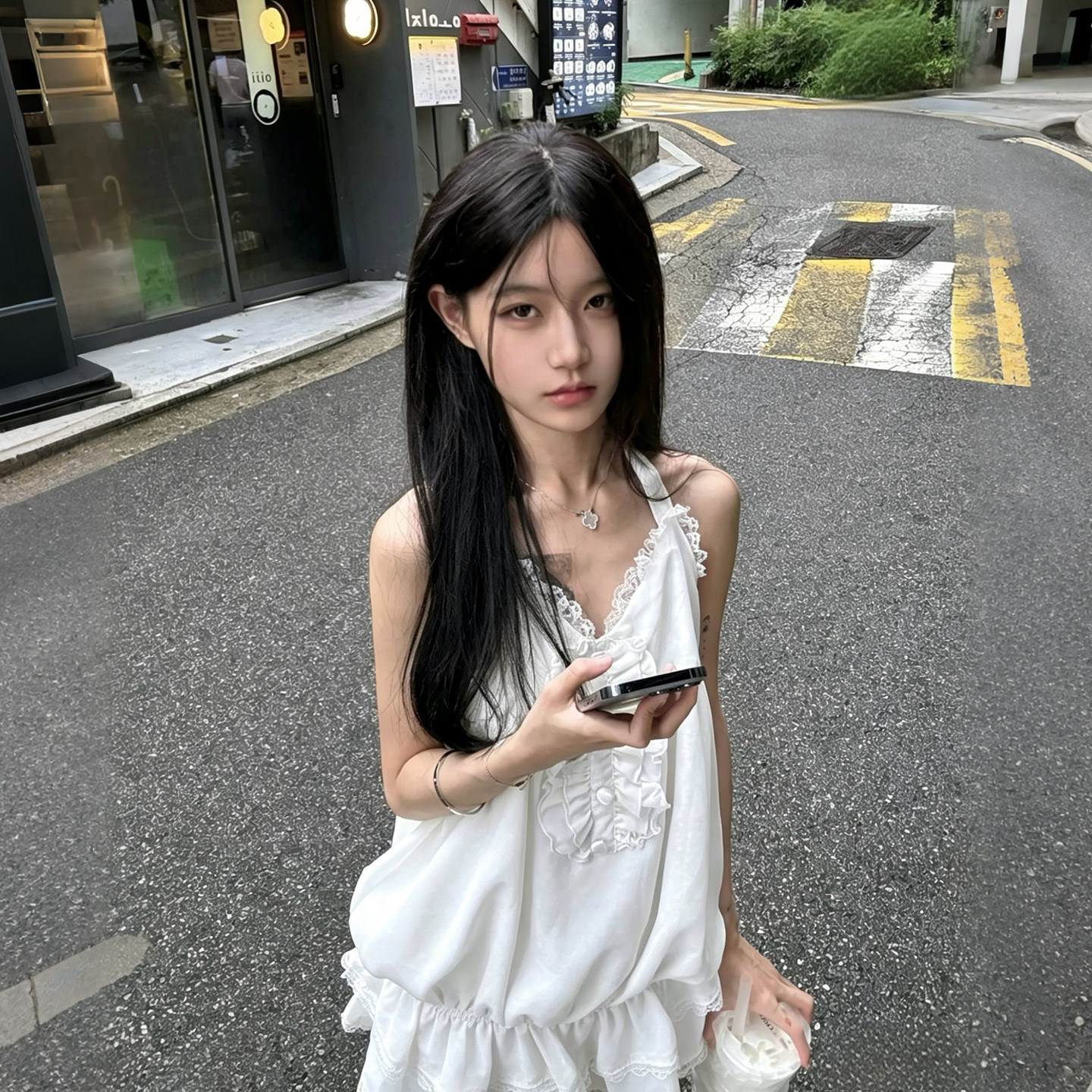 【小雨的岛】古早萌系少女感水玉雪纺波点蕾丝挂脖露背吊带上衣女
