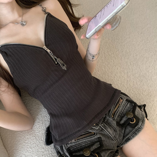 中古高级感修身收腰露背吊带背心