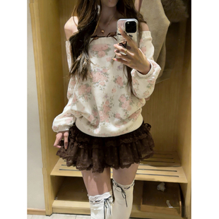 古早千金风甜美减龄露肩碎花毛衣女设计感针织衫 岛 套装 小雨