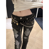 牛仔裤 涩谷街头感水洗烫金刺绣十字架低腰小脚修身 岛 女 小雨