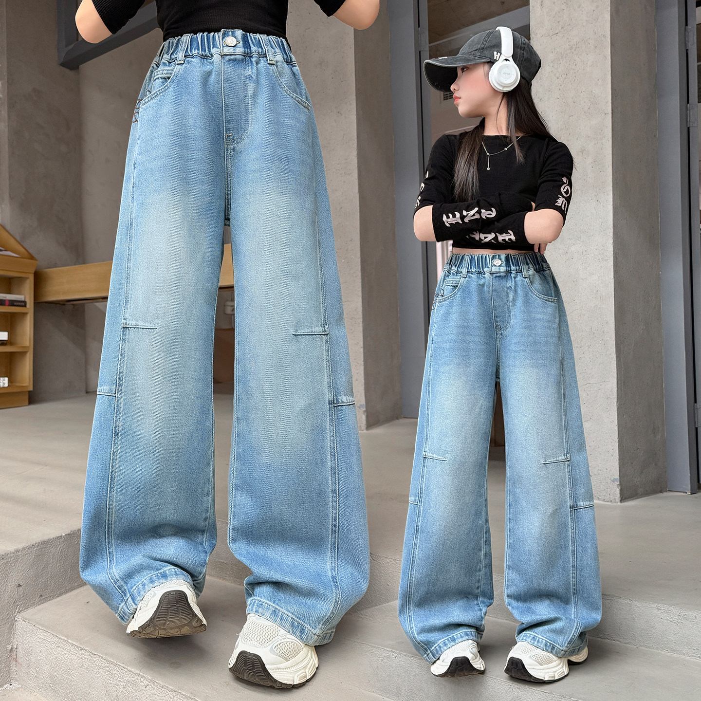 女童阔腿牛仔裤春秋2026新款洋气百搭时尚潮流中大童直筒儿童裤子