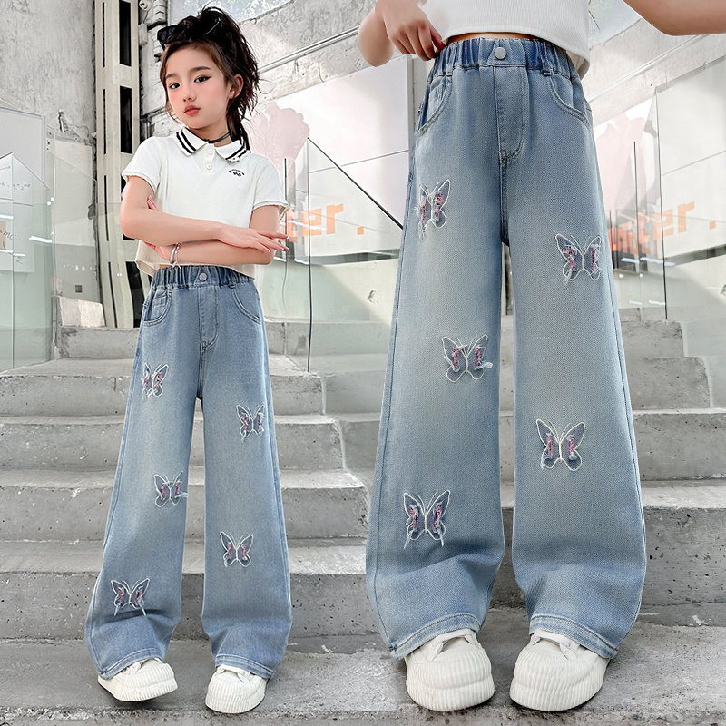 女童牛仔裤夏季2026新款蝴蝶刺绣阔腿裤春秋儿童百搭宽松直筒裤子